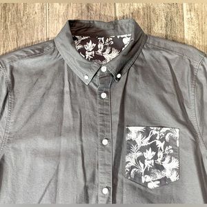 Grey Button Up Shirt Tropical White Design Pocket: Medium
